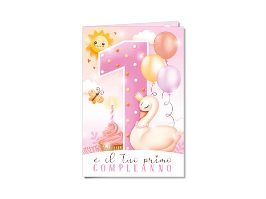 Biglietto 1 compleanno rosa