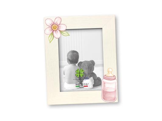 Cornice baby in legno bianco 13x18 - Biberon rosa