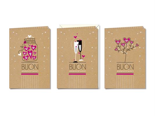 Biglietti auguri anniversario kraft grafica moderna assortita – 12 pz