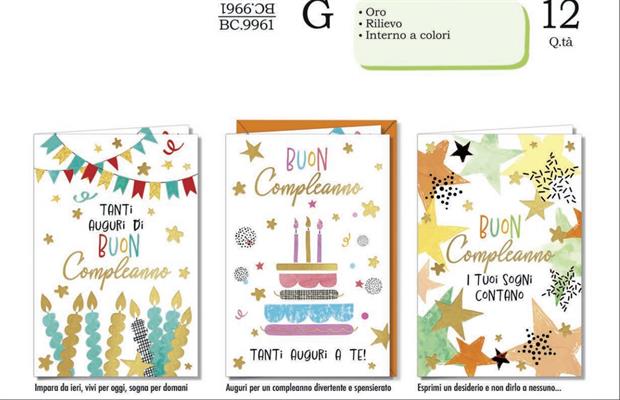 Biglietti compleanno colorati oro rilievo assortiti 12 pezzi