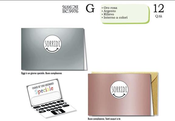 Biglietto Compleanno Sorridi con Rilievo Oro Rosa – 12 pz