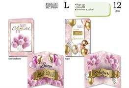 Biglietto Pop-Up Rosa con Palloncini Oro 3D – Conf. 12 pz