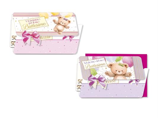 Biglietto Battesimo Rosa con Portasoldi Cromo BT.9947