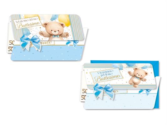 Biglietto Battesimo Azzurro con Portasoldi Cromo BT.9948