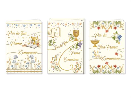 Biglietti Prima Comunione floreali calice oro decorato – 12 pz