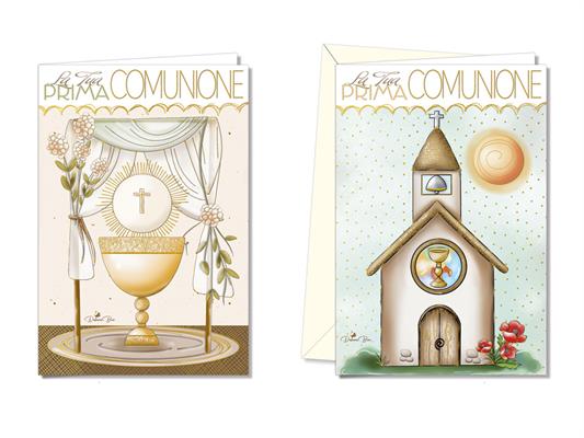 Biglietti Prima Comunione calice e chiesa oro elegante – 12 pz