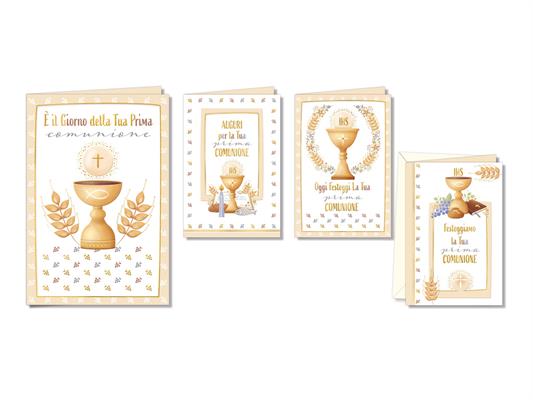 Biglietti Prima Comunione calice oro grafica elegante – 12 pz