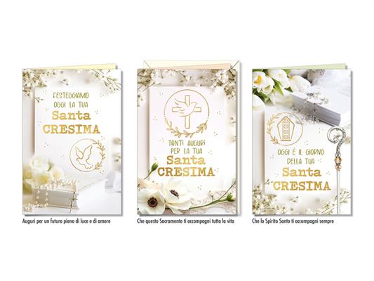Biglietto auguri Cresima rilievo oro interno colori eleganti – 12 pz