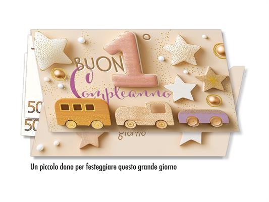 Biglietto compleanno 1 anno rosa con portabanconote – Confezione 6