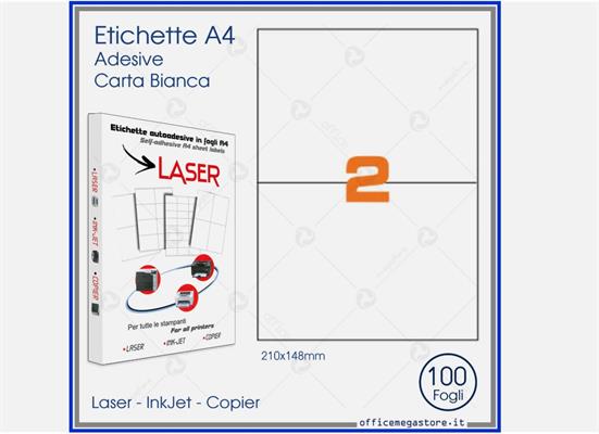 Etichette Adesive A4 210x148 mm 2 per Foglio – Confezione da 500 Fogli