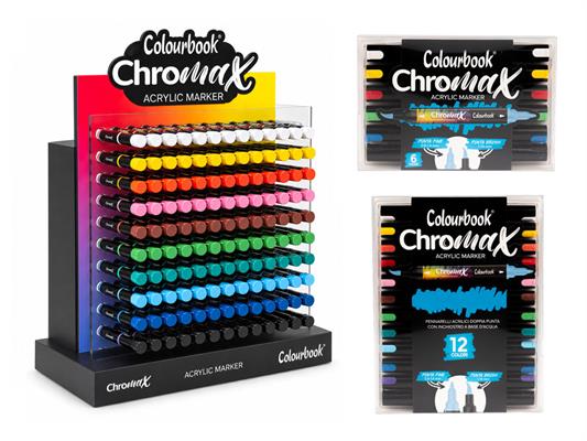Marcatore Acrilico Chromax Colourbook Doppia Punta - Espositore 144 Pezzi + Blister 6 e 12 Colori